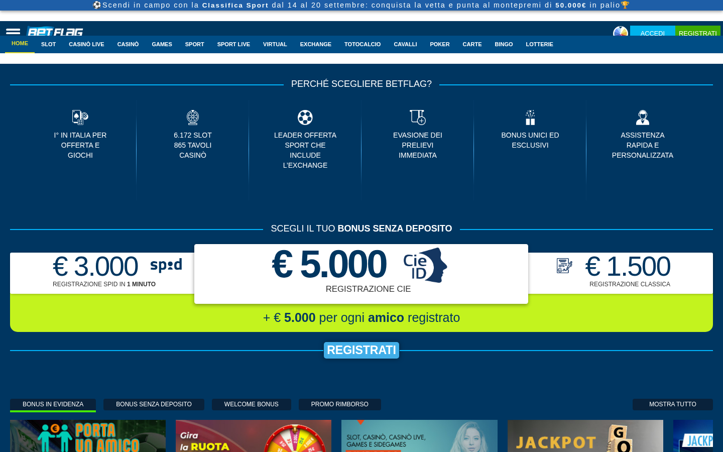 Menu di un sito ADM con le sezioni slot, casinò live, casinò, games, poker, carte, bingo e lotterie
