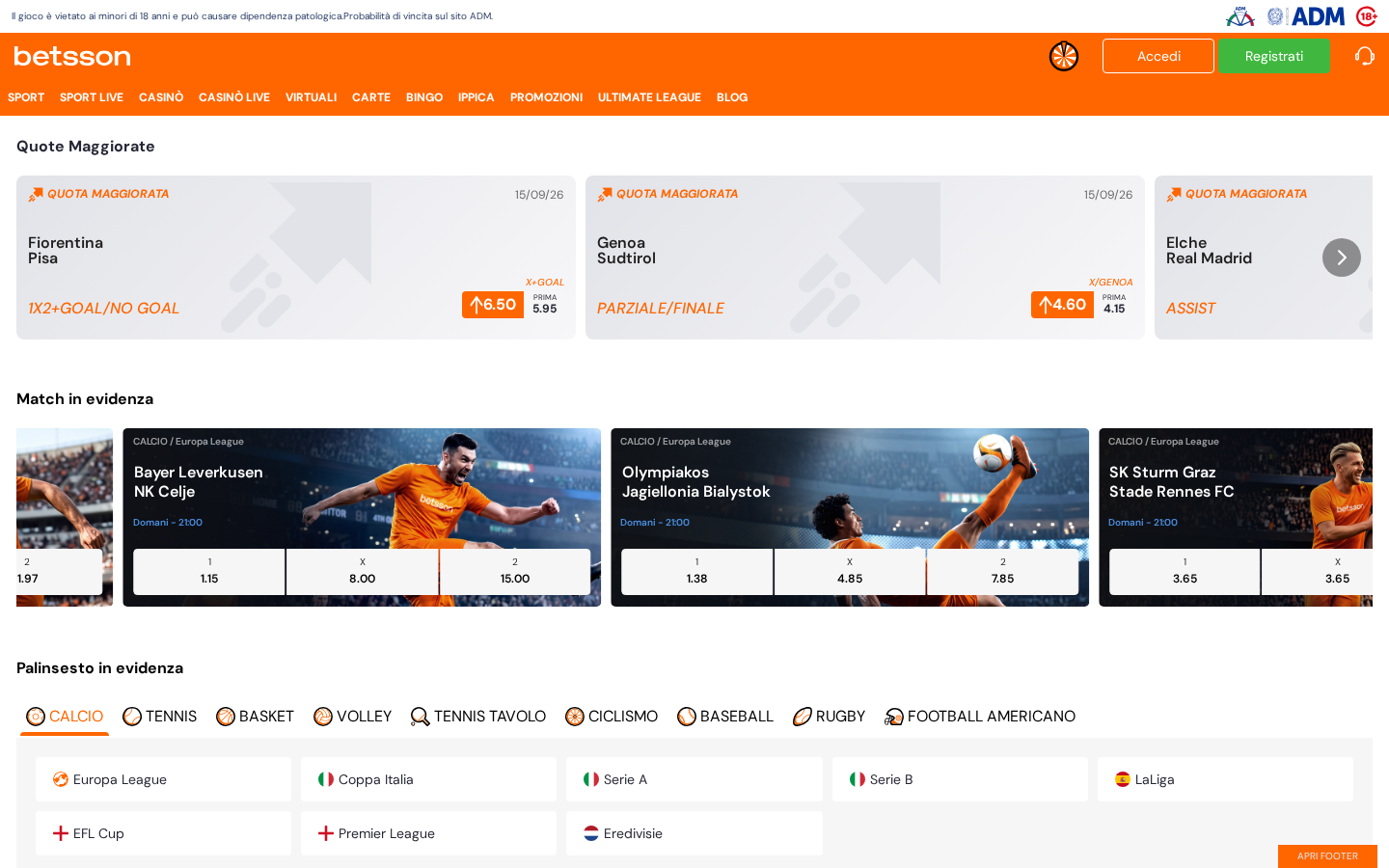 Lobby ufficiale di Betsson su desktop