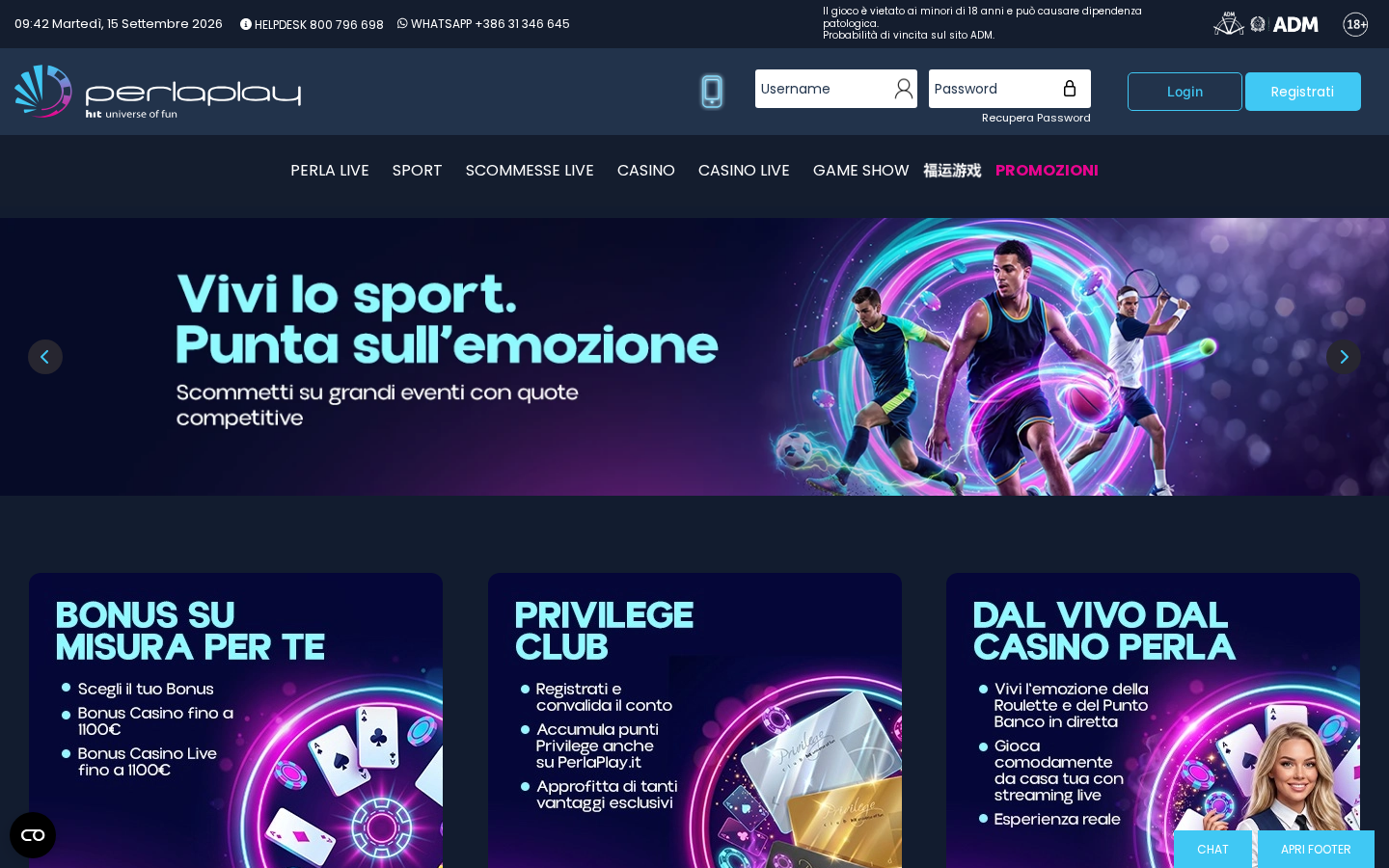 Lobby ufficiale di Perlaplay su desktop