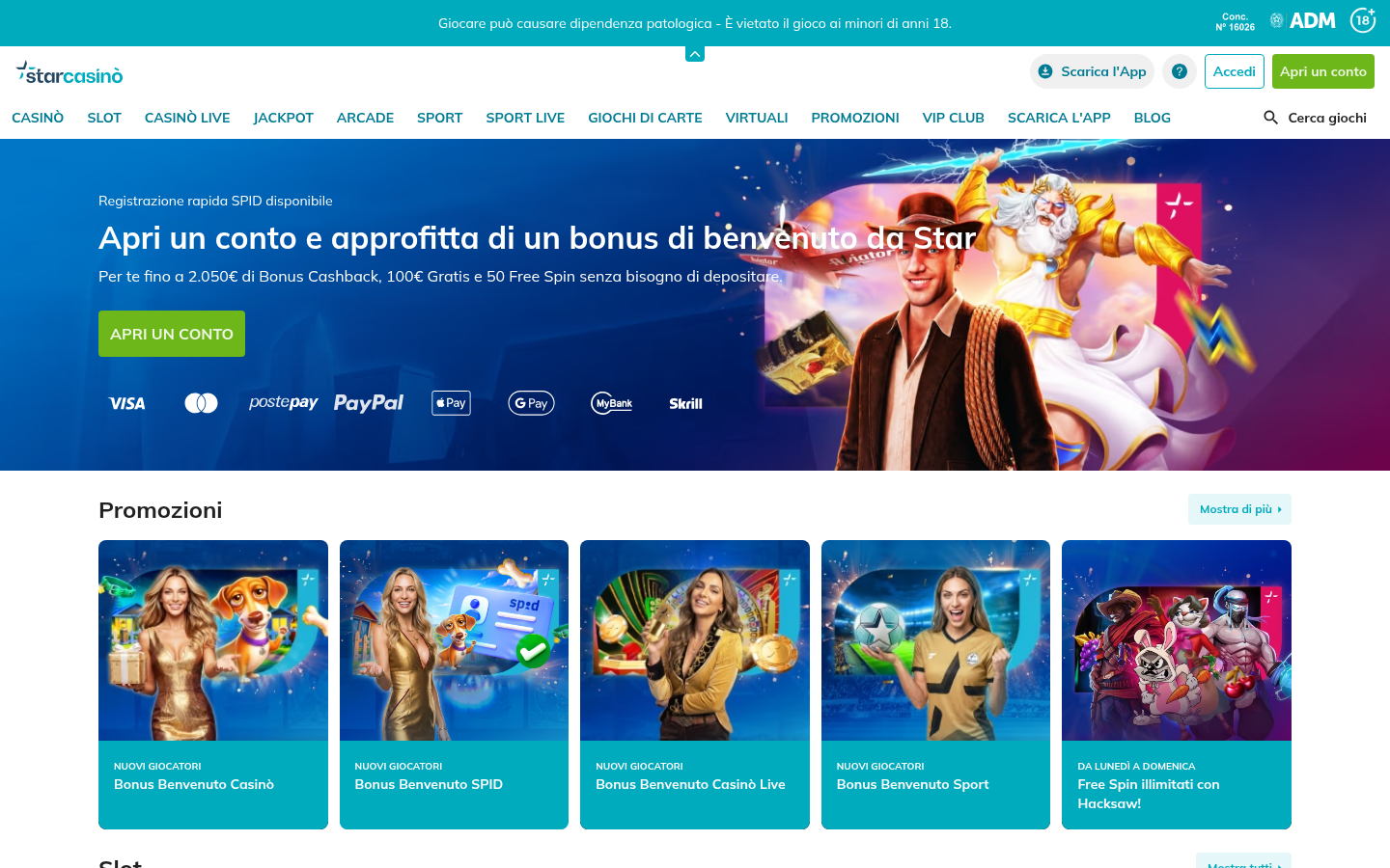 Lobby ufficiale di StarCasino su desktop