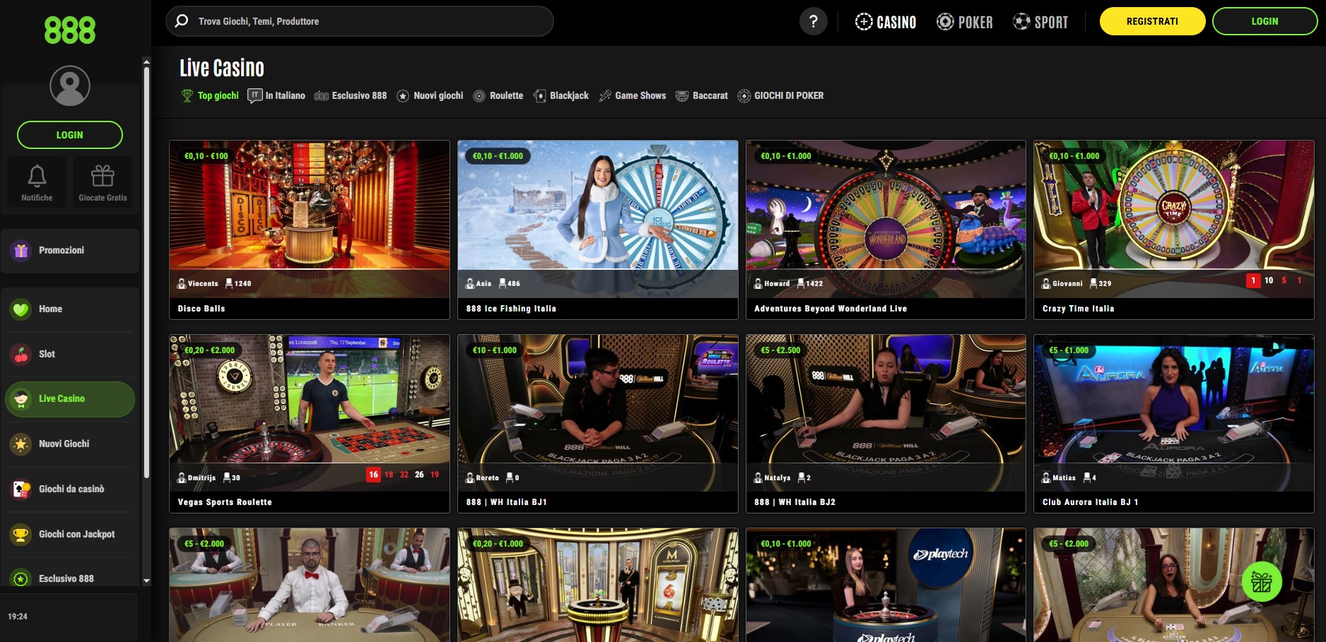 Lobby del casinò live di 888, con il filtro In Italiano tra le categorie