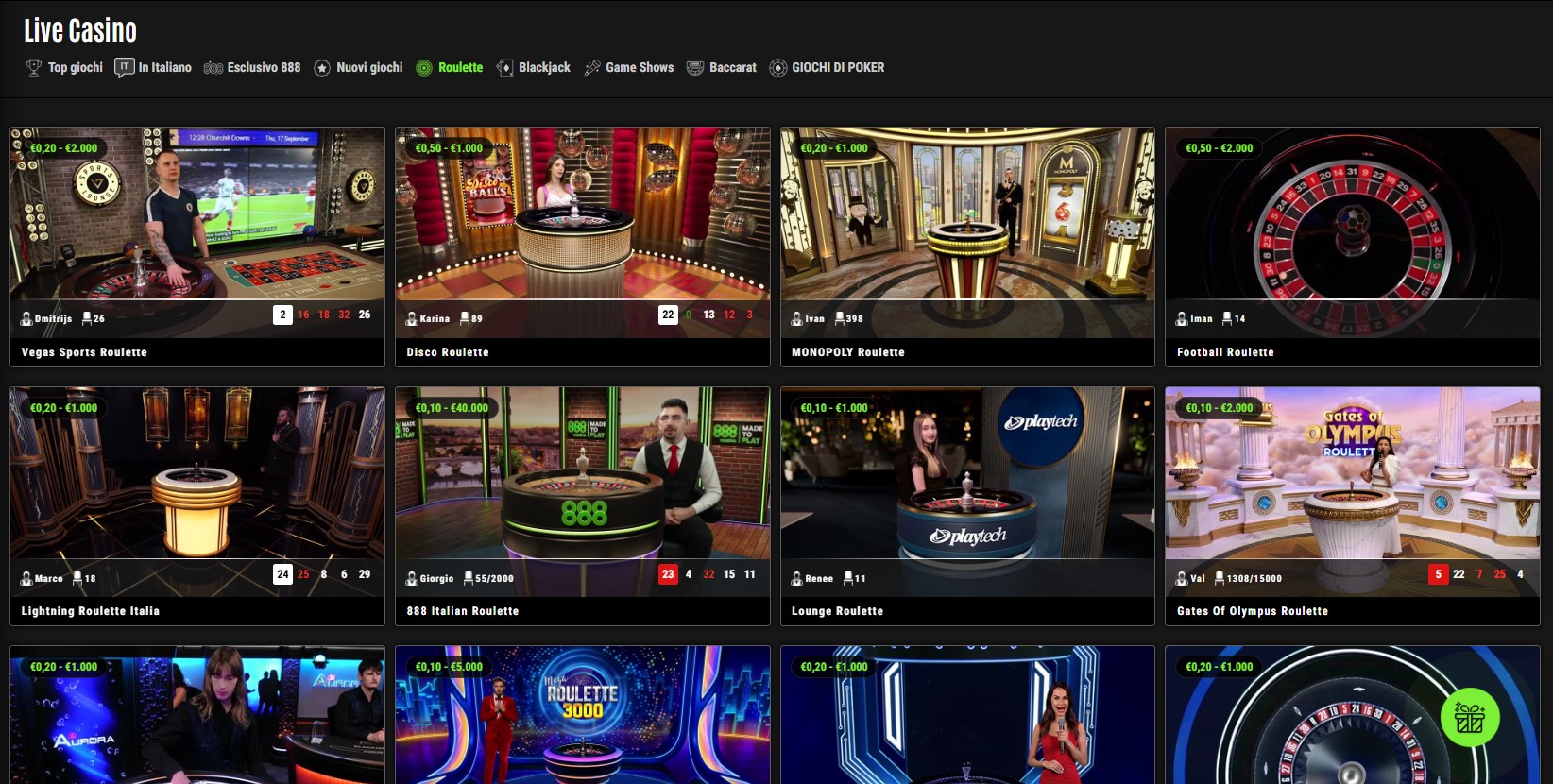 Lobby con diverse varianti di roulette live su 888